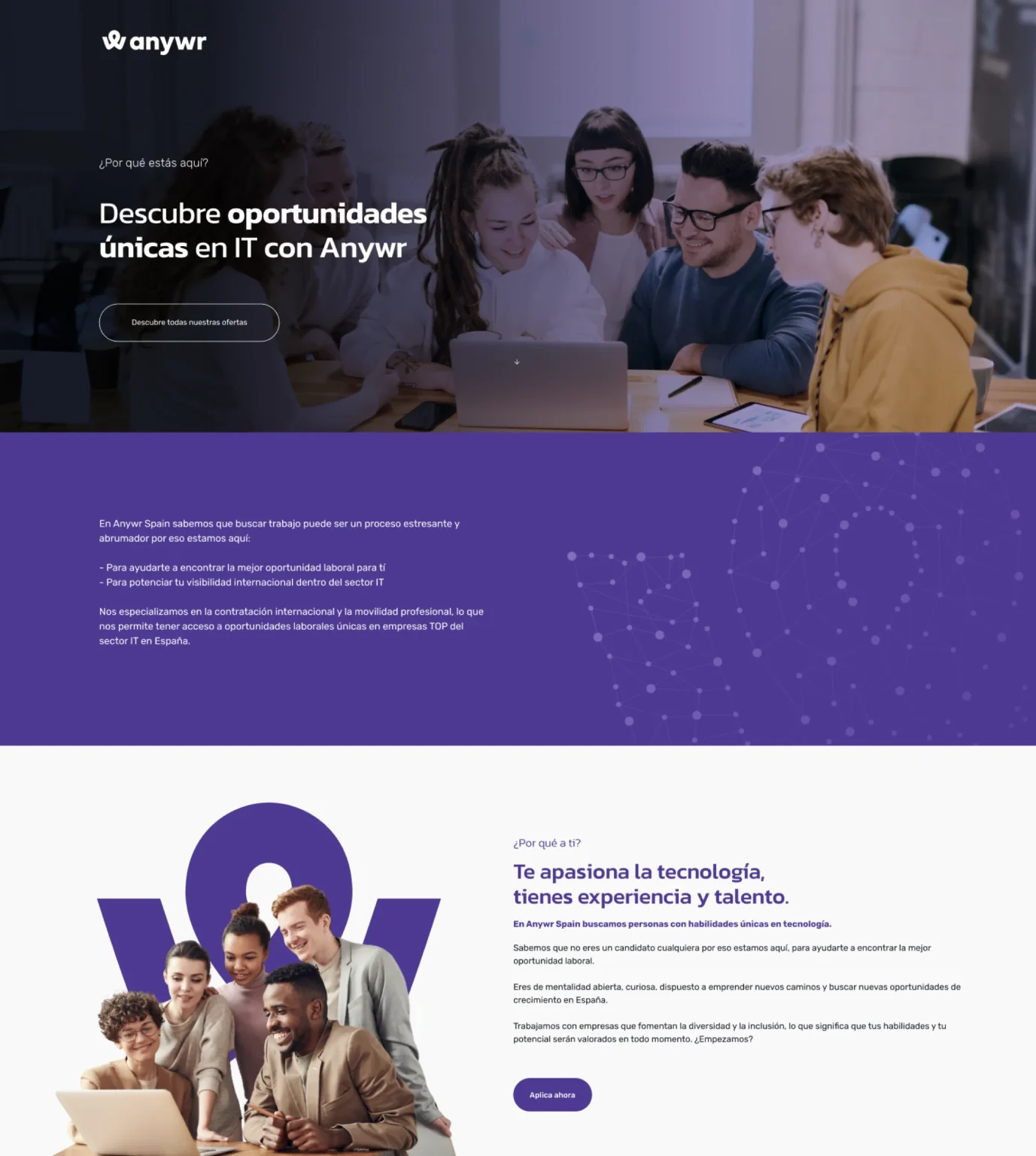 Anywr Spain landing page, full length