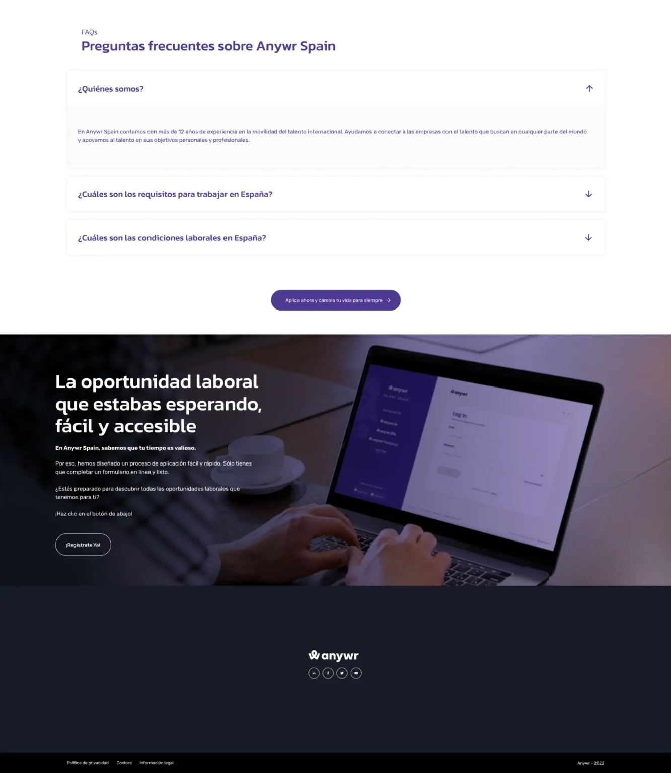 Anywr Spain landing page: the map and the case for Spain