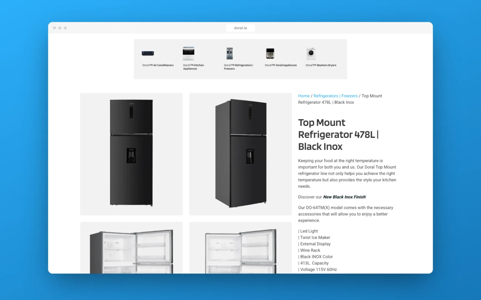 Doral website: refrigerator product page