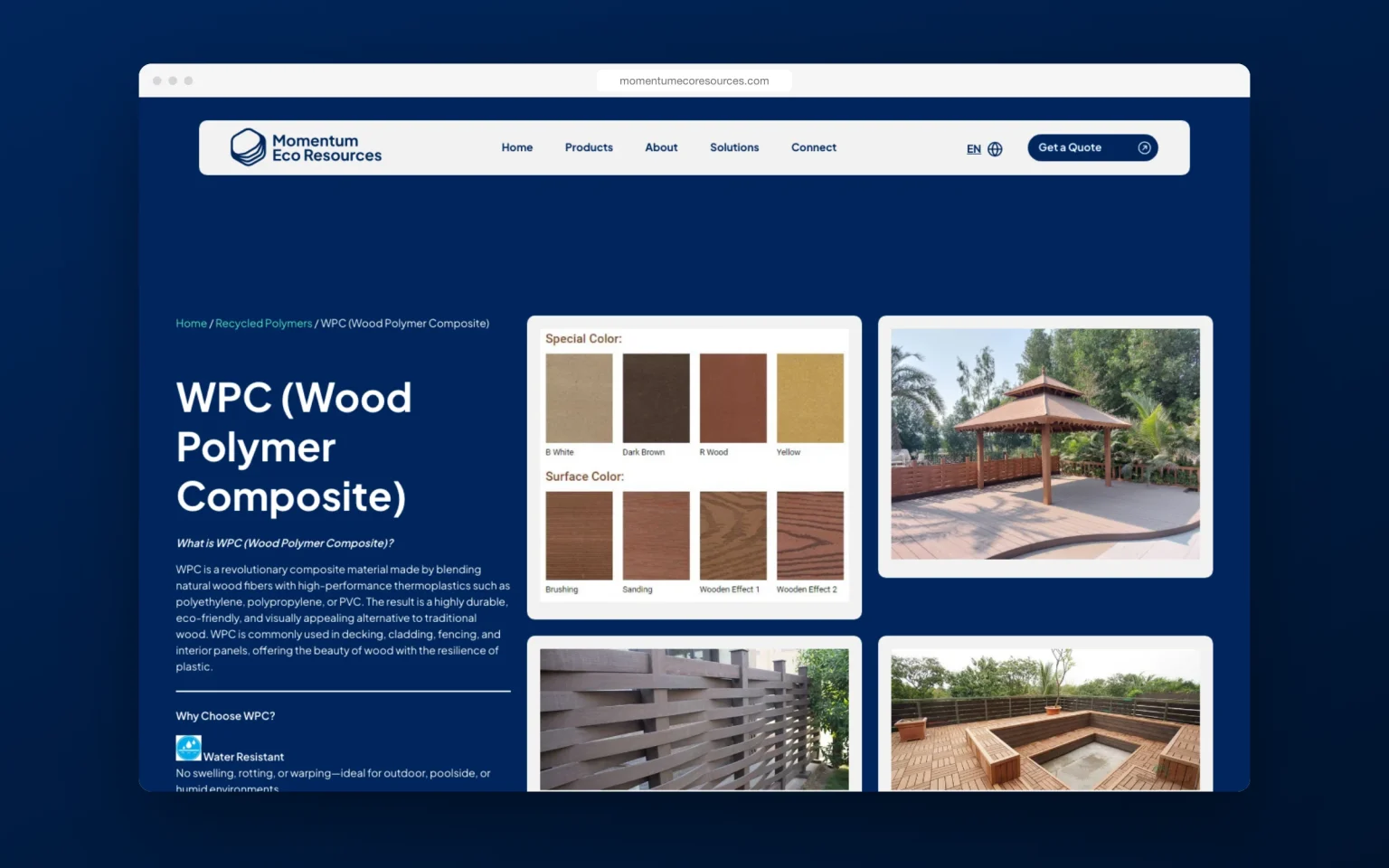 Momentum Eco Resources website: wood polymer composite product page