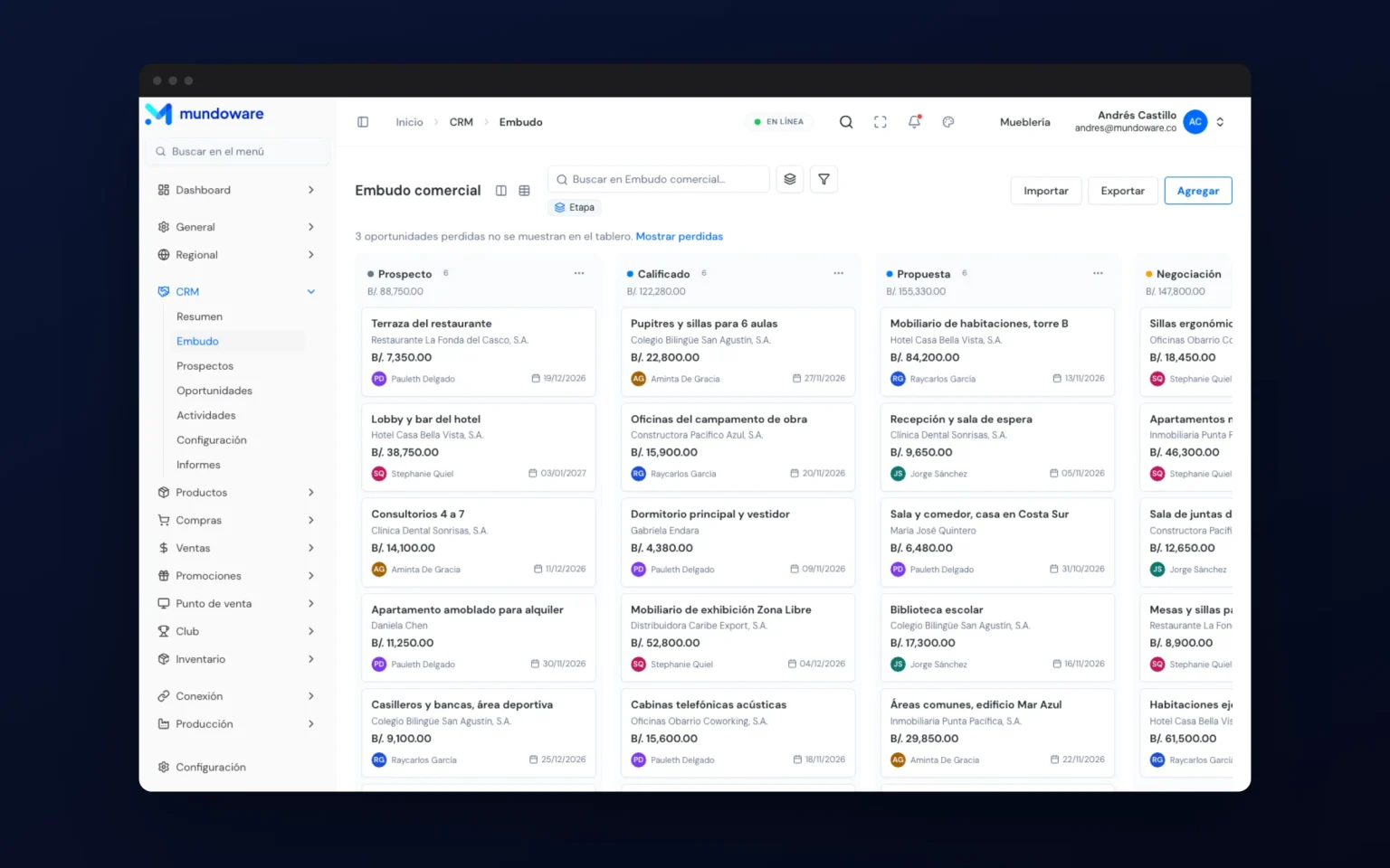 MundoUI: sales pipeline kanban in the dark theme