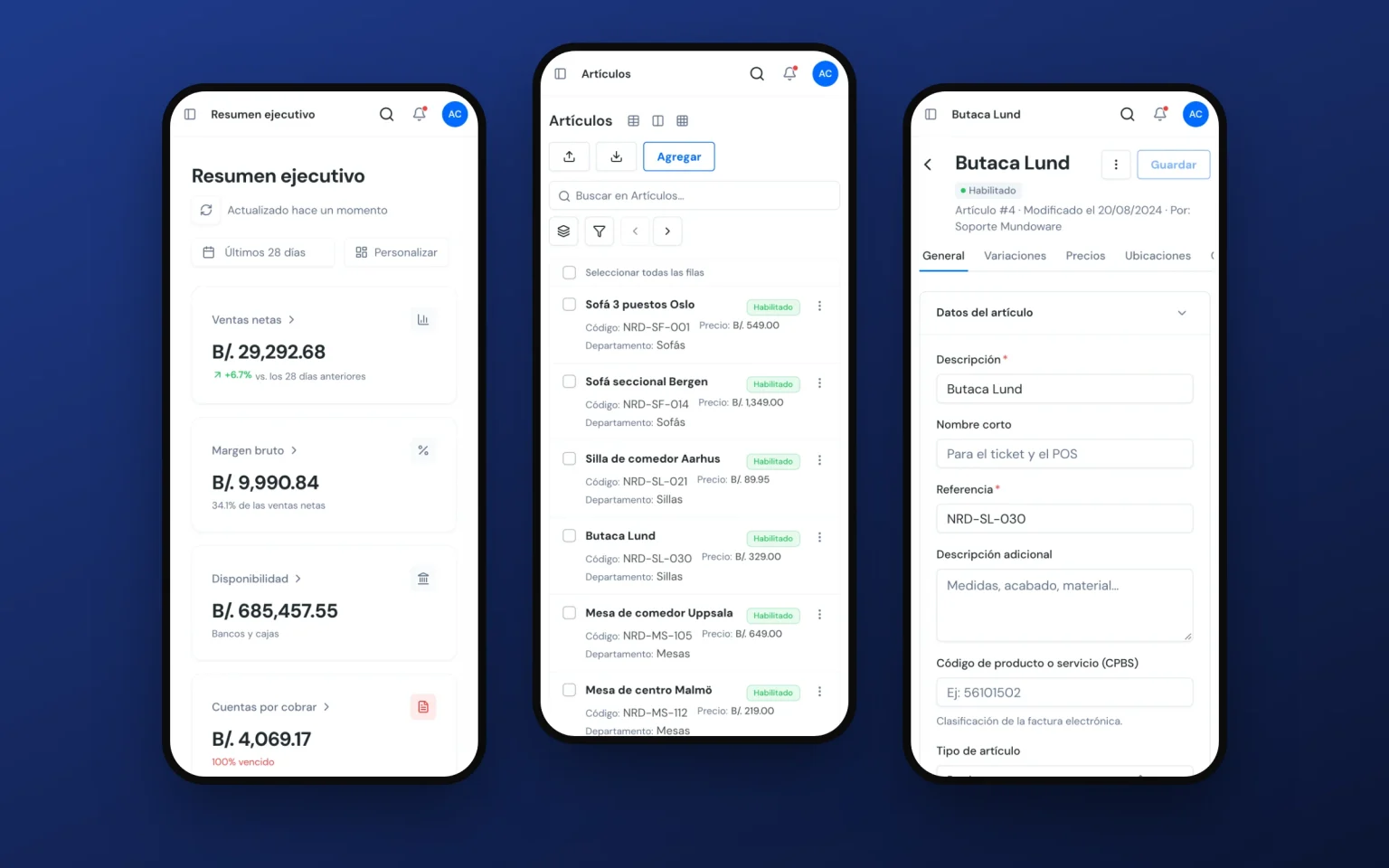 MundoUI on phones: dashboard, articles table and article record